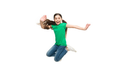 Leisure and activity. Active game for children. Kid captured in motion. How raise active kid. Free and full of energy. Rules to keep kids active. Girl cute child with long hair feeling awesome active