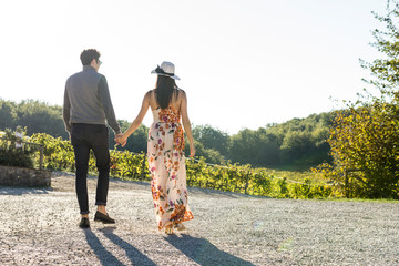 Italy, Tuscany, Siena, young couple walking hand in hand in a vineyard