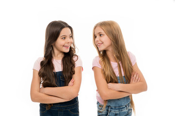 Sisterhood goals. Sisters little kids isolated white background. Sisterly relationship. Sisterhood happiness and issues. Girls confident sisters. Sisterhood support or competition. Siblings relations