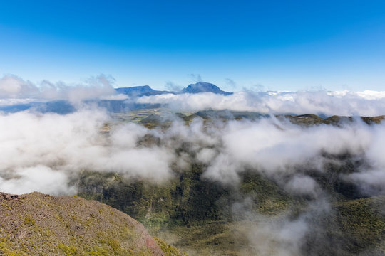 Reunion, Reunion National Park, Route forestiere du Volcan, View from Riviere des Remparts and Piton des Neiges