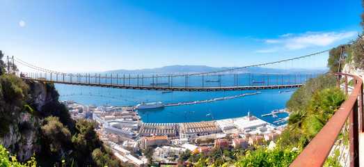 Impressive panoramic view of the Windsor suspension bridge with the port of Gibraltar and the bay...