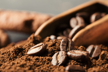 Black fried coffee beans on dark textured background