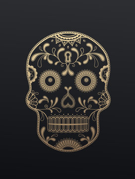 Golden Sugar Skull day of the dead vector illustration on dark background.