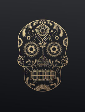 Golden Sugar Skull day of the dead vector illustration on dark background.