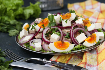 Healthy Salad of Organic lettuce with Chicken, Beet, Boiled Eggs, Red Onions and Feta Cheese