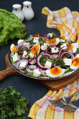 Healthy Salad of Organic lettuce with Chicken, Beet, Boiled Eggs, Red Onions and Feta Cheese