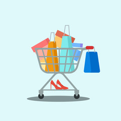Shopping cart with gifts clothes and shoes banner poster. Vector illustration. Flat design