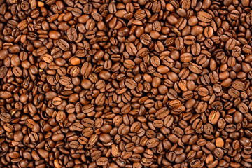Coffee beans background. Hard roasted coffee beans.