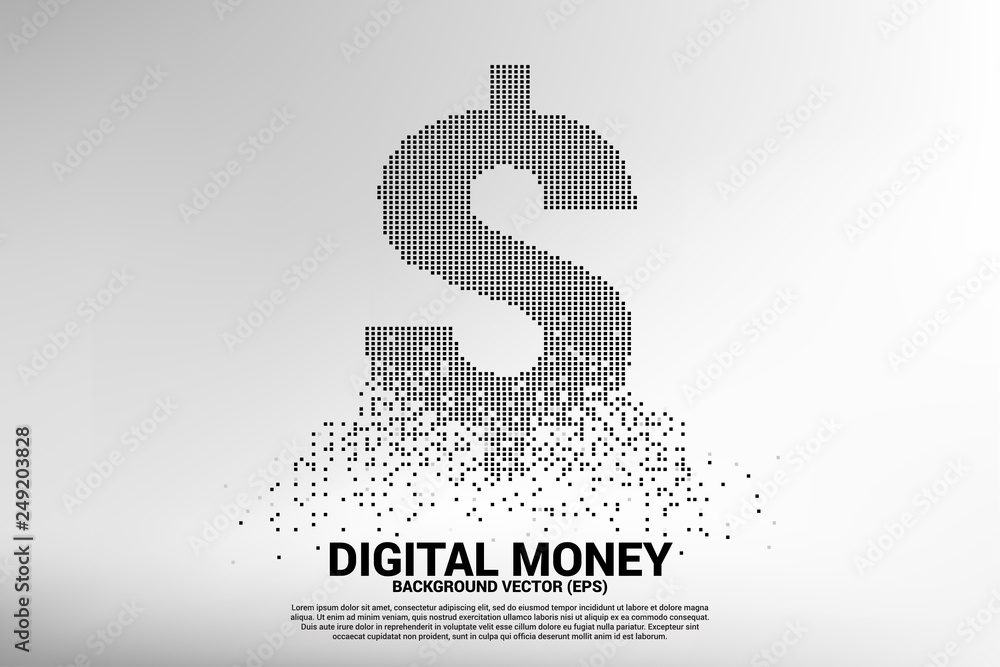 Aufkleber vector money dollar icon from flying square pixel. concept for financial network connection.