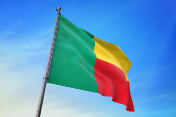 Benin flag waving on the blue sky 3D illustration