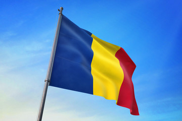 Chad flag waving on the blue sky 3D illustration