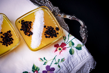 yellow pudding with coconut decoration