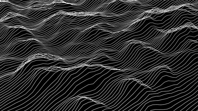 Futuristic wireframe landscape background. Vector digital illustration from wave white lines. Geometric abstraction.