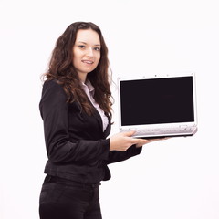 female assistant with documents.isolated on a white