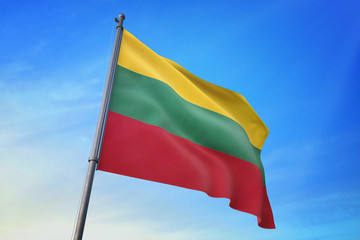 Lithuania flag waving on the blue sky 3D illustration