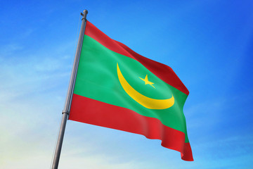 Mauritania flag waving on the blue sky 3D illustration