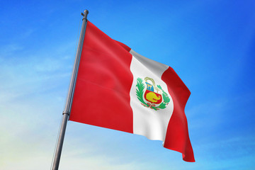Peru flag waving on the blue sky 3D illustration