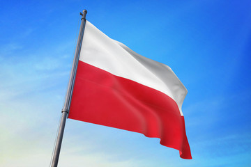 Fototapeta na wymiar Poland flag waving on the blue sky 3D illustration