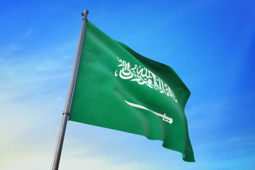 Saudi Arabia flag waving on the blue sky 3D illustration