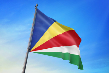 Seychelles flag waving on the blue sky 3D illustration