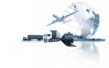 Obraz na płótnie Canvas Abstract image of the world logistics, there are world map background and container truck, ship in port and airplane