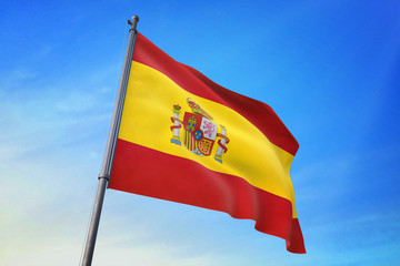 Spain flag waving on the blue sky 3D illustration