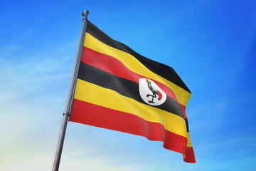 Uganda flag waving on the blue sky 3D illustration