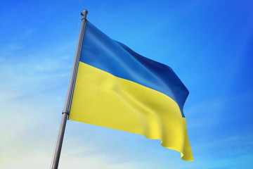 Ukraine flag waving on the blue sky 3D illustration