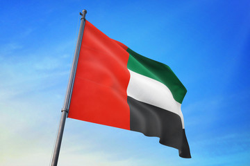 Fototapeta na wymiar United Arab Emirates flag waving on the blue sky 3D illustration