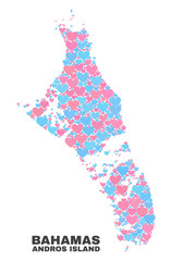 Mosaic Andros Island of Bahamas map of valentine hearts in pink and blue colors isolated on a white background. Lovely heart collage in shape of Andros Island of Bahamas map.