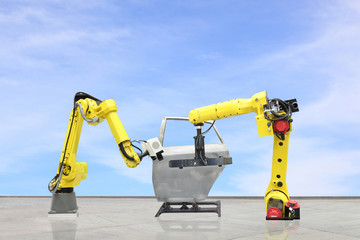  automate wireless Robot arm in smart factory background. Mixed media  in the automotive parts industry