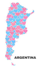 Mosaic Argentina map of lovely hearts in pink and blue colors isolated on a white background. Lovely heart collage in shape of Argentina map. Abstract design for Valentine illustrations.
