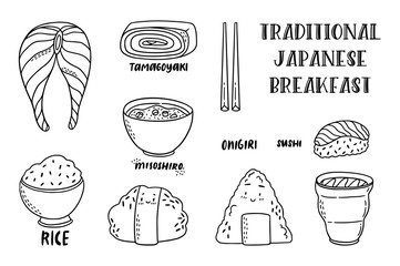 Pack of cute doodle style illustration of most common japanese food.