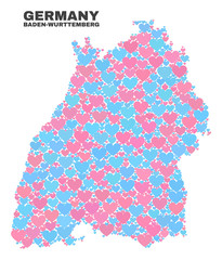 Mosaic Baden-Wurttemberg Land map of love hearts in pink and blue colors isolated on a white background. Lovely heart collage in shape of Baden-Wurttemberg Land map.