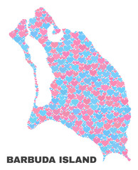 Mosaic Barbuda Island map of valentine hearts in pink and blue colors isolated on a white background. Lovely heart collage in shape of Barbuda Island map. Abstract design for Valentine illustrations.