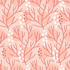 Vector seamless pattern on pink background with seaweed, sea sponges and corals. Abstract illustration with floral elements. Natural design.