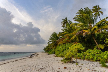 An idyllic tropical beach as the light begins to fade. There is sand, and a mixture of tropical plants to one side. There is an evening sky with clouds, and a small boat in the water.