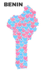 Mosaic Benin map of valentine hearts in pink and blue colors isolated on a white background. Lovely heart collage in shape of Benin map. Abstract design for Valentine illustrations.