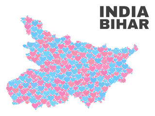 Obraz premium Mosaic Bihar State map of love hearts in pink and blue colors isolated on a white background. Lovely heart collage in shape of Bihar State map. Abstract design for Valentine illustrations.