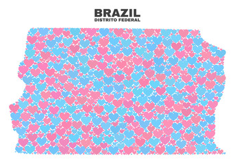 Mosaic Brazil Distrito Federal map of love hearts in pink and blue colors isolated on a white background. Lovely heart collage in shape of Brazil Distrito Federal map.