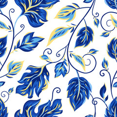 Vector seamless blue pattern on white with leaves and branch. Abstract background with floral elements. Natural design.