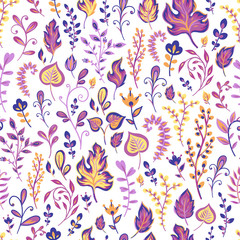 Vector seamless pattern on white with leaves and branch. Abstract background with floral elements. Natural design.