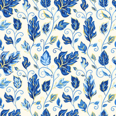 Vector seamless blue pattern on white with leaves and branch. Abstract background with floral elements. Natural design.