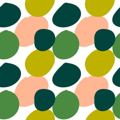 Geometrical background with uneven circles. Abstract round seamless pattern. Hand drawn colorful dots pattern on white background. Vector illustration. 