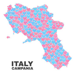 Obraz premium Mosaic Campania region map of valentine hearts in pink and blue colors isolated on a white background. Lovely heart collage in shape of Campania region map.