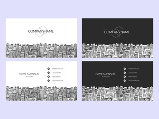 Business cards design with hand drawn cityscape background.