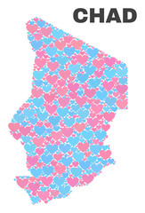 Mosaic Chad map of lovely hearts in pink and blue colors isolated on a white background. Lovely heart collage in shape of Chad map. Abstract design for Valentine decoration.
