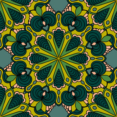 Abstract seamless pattern with mandala flower. Mosaic, tile. Floral background. Vector illustration.   
