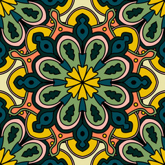 Abstract seamless pattern with mandala flower. Mosaic, tile. Floral background. Vector illustration.   