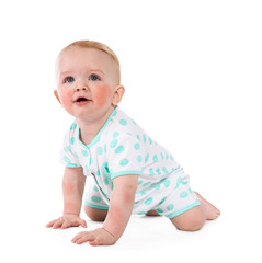 Adorable little baby with allergy on white background